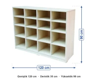 On Altı Gözlü Açık Dolap 120x35x90 cm ölçüleri: genişlik 120 cm, derinlik 35 cm, yükseklik 90 cm