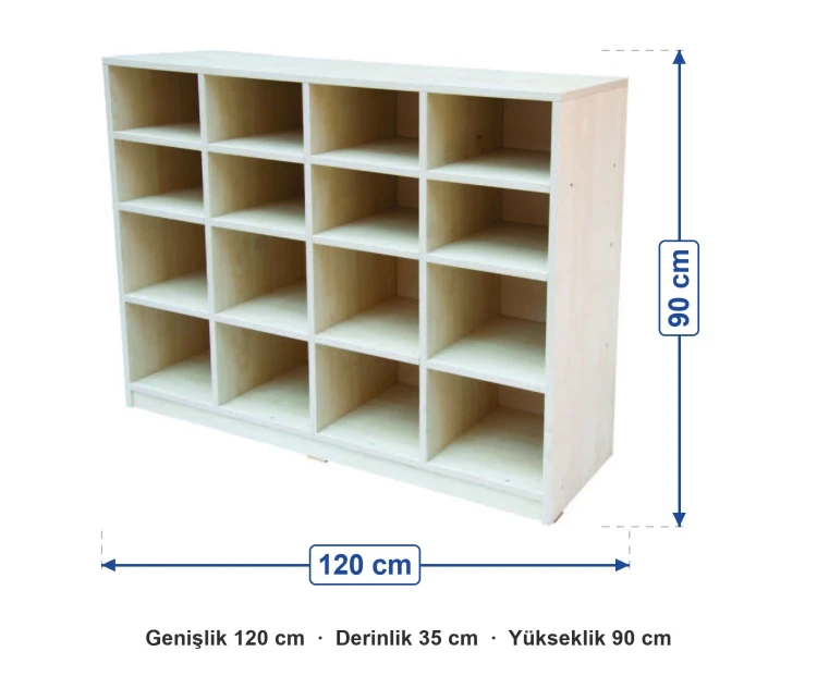 On Altı Gözlü Açık Dolap 120x35x90 cm ölçüleri: genişlik 120 cm, derinlik 35 cm, yükseklik 90 cm