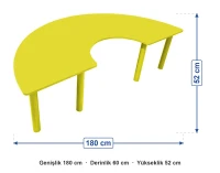 Ahşap Sarı C Masa Metal Ayaklı ölçüleri: genişlik 180 cm, derinlik 60 cm, yükseklik 52 cm