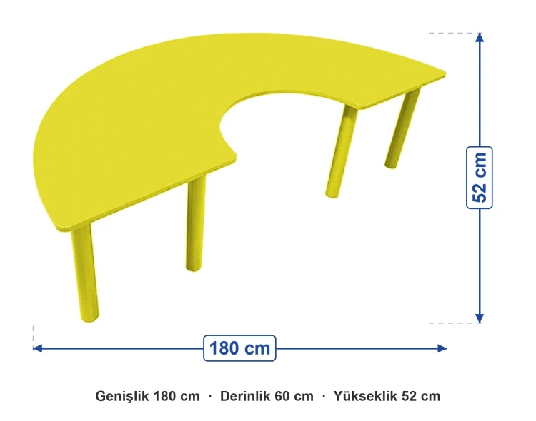 Ahşap Sarı C Masa Metal Ayaklı ölçüleri: genişlik 180 cm, derinlik 60 cm, yükseklik 52 cm