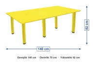 Ahşap 70x140 Sarı Yemek Masası Metal Ayaklı ölçüleri: genişlik 140 cm, derinlik 70 cm, yükseklik 52 cm
