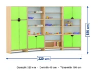 Yeşil Kapaklı Dolap Grubu 320x40x180 cm ölçüleri: genişlik 320 cm, derinlik 40 cm, yükseklik 180 cm