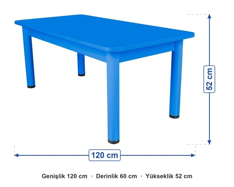 Ahşap Bazalı Dikdörtgen Mavi Masa Metal Ayaklı (60x120) ölçüleri: genişlik 120 cm, derinlik 60 cm, yükseklik 52 cm