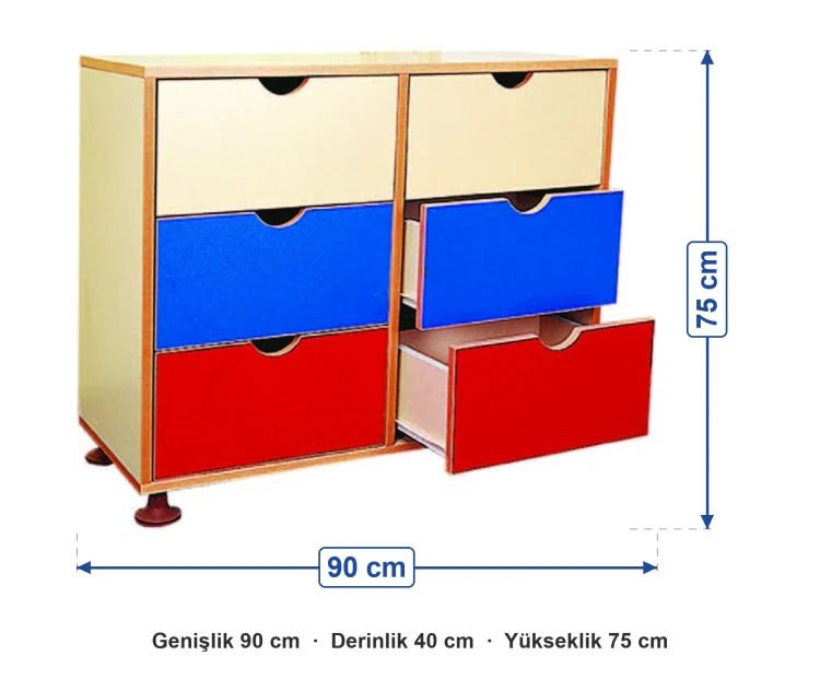 6 Çekmeceli Dolap 90x40x75 cm ölçüleri: genişlik 90 cm, derinlik 40 cm, yükseklik 75 cm