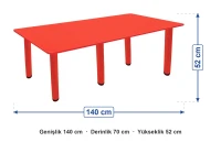 Ahşap 70x140 Kırmızı Yemek Masası Metal Ayaklı ölçüleri: genişlik 140 cm, derinlik 70 cm, yükseklik 52 cm