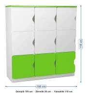 9 Kapaklı Yeşil Beyaz Öğrenci Dolabı ölçüleri: genişlik 105 cm, derinlik 36 cm, yükseklik 110 cm