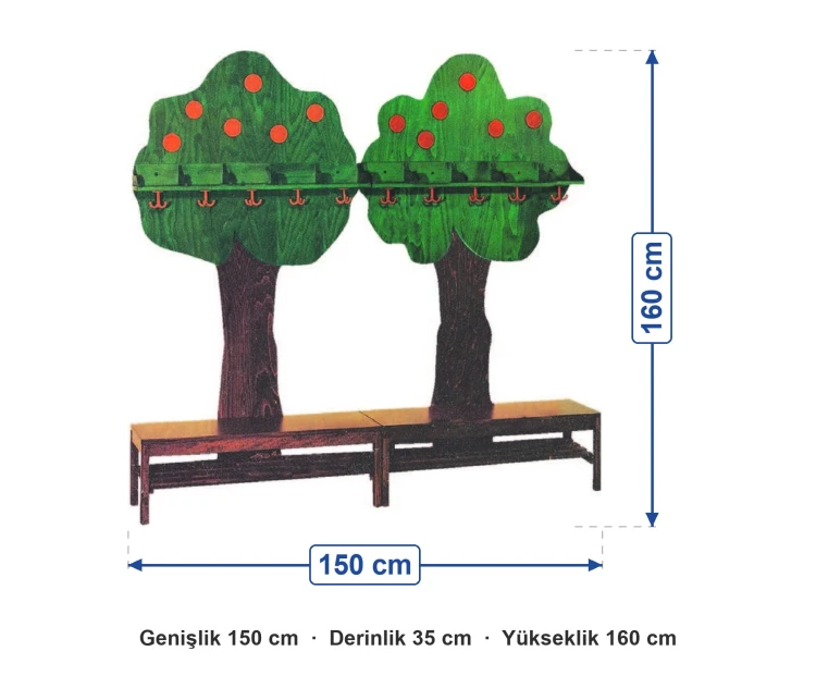 Ağaç Figürlü Banklı Portmanto 150x35x160 cm ölçüleri: genişlik 150 cm, derinlik 35 cm, yükseklik 160 cm