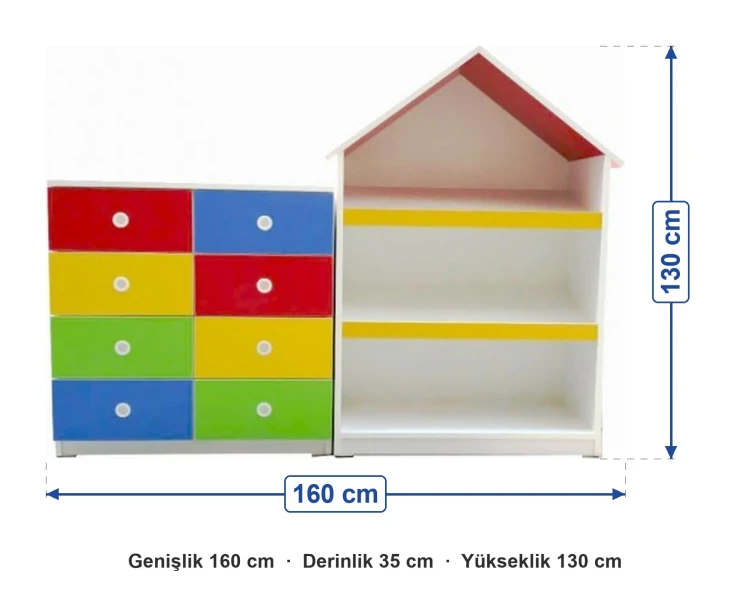 Çekmeceli Ev Kitaplıklı Dolap 160x35x130 cm ölçüleri: genişlik 160 cm, derinlik 35 cm, yükseklik 130 cm