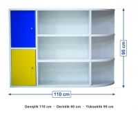 Çift Yönlü 4 Kapaklı Raflı Dolap 110x60x95 cm ölçüleri: genişlik 110 cm, derinlik 60 cm, yükseklik 95 cm