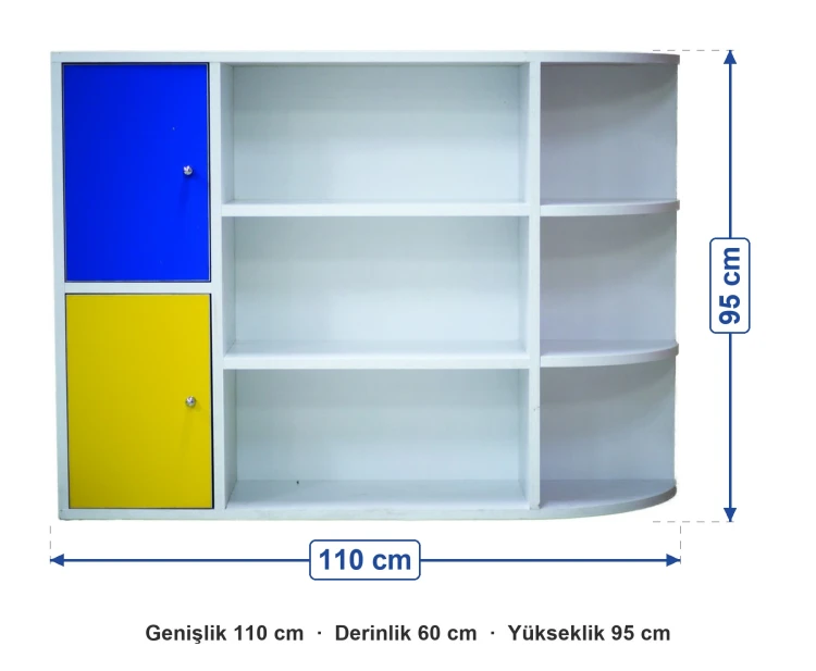 Çift Yönlü 4 Kapaklı Raflı Dolap 110x60x95 cm ölçüleri: genişlik 110 cm, derinlik 60 cm, yükseklik 95 cm
