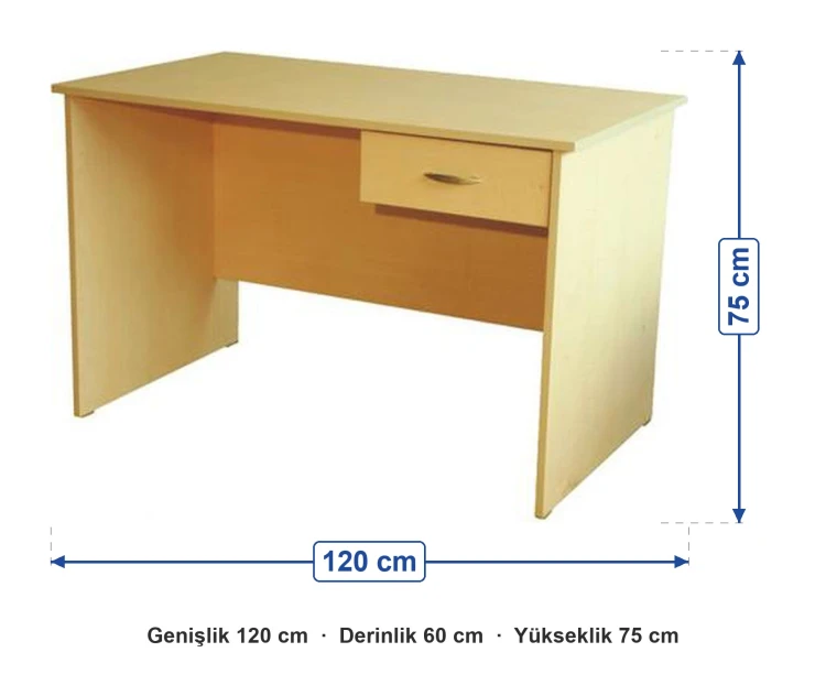 Ahşap Tek Çekmeceli Öğretmen Masası 120x60x75 cm ölçüleri: genişlik 120 cm, derinlik 60 cm, yükseklik 75 cm