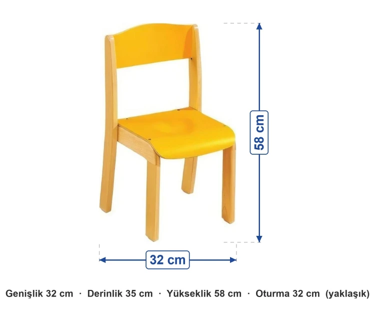 Sarı Kontra Çocuk Sandalyesi ölçüleri: genişlik 32 cm, derinlik 35 cm, yükseklik 58 cm, oturma 32 cm (yaklaşık)