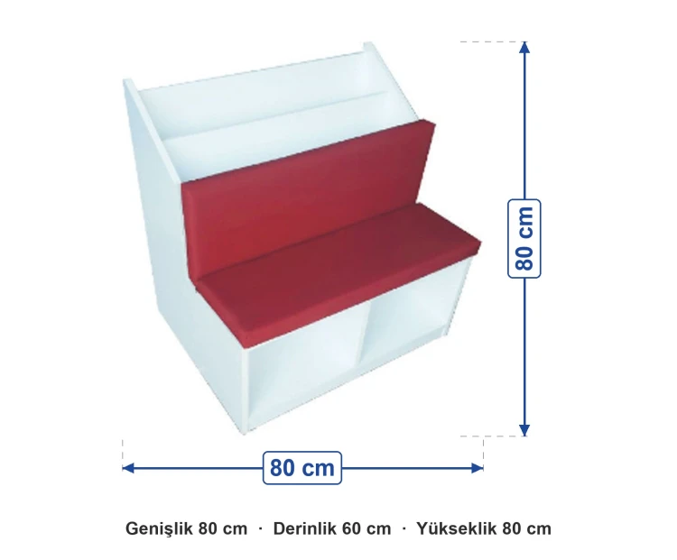 Banklı Kitaplık 80x60x80 cm ölçüleri: genişlik 80 cm, derinlik 60 cm, yükseklik 80 cm