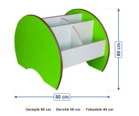 Silindir Yanlı Kitap Sepeti 80x60x60 cm ölçüleri: genişlik 80 cm, derinlik 60 cm, yükseklik 60 cm