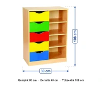 Beş Çekmeceli Raflı Dolap 80x40x108 cm ölçüleri: genişlik 80 cm, derinlik 40 cm, yükseklik 108 cm