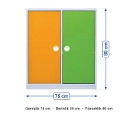 Turuncu Yeşil İki Kapaklı Sınıf Dolabı 75x35x80 cm ölçüleri: genişlik 75 cm, derinlik 35 cm, yükseklik 80 cm