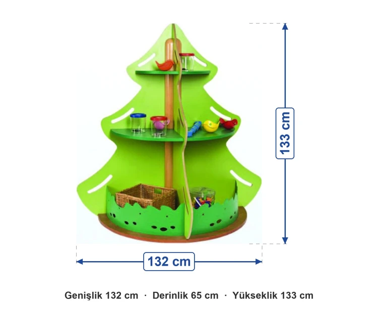 Ağaç Biçimli Kitaplık 132x65x133 cm ölçüleri: genişlik 132 cm, derinlik 65 cm, yükseklik 133 cm