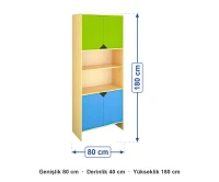 Dört Kapaklı Raflı Uzun Dolap 80x40x180 cm ölçüleri: genişlik 80 cm, derinlik 40 cm, yükseklik 180 cm