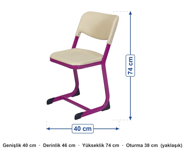 PP Öğrenci Sandalyesi Metal Kızak Ayaklı ölçüleri: genişlik 40 cm, derinlik 46 cm, yükseklik 74 cm, oturma 38 cm (yaklaşık)