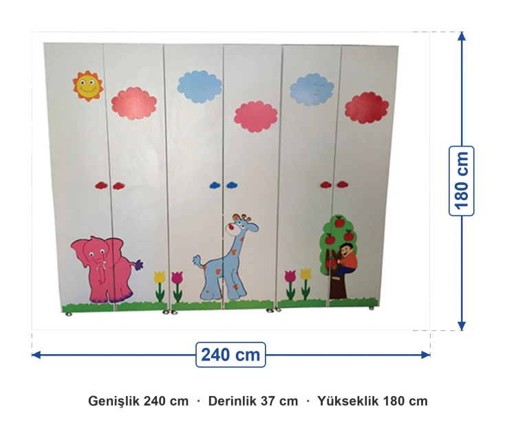 Fil ve Zürafa Figürlü Portmanto 240x37x180 cm ölçüleri: genişlik 240 cm, derinlik 37 cm, yükseklik 180 cm