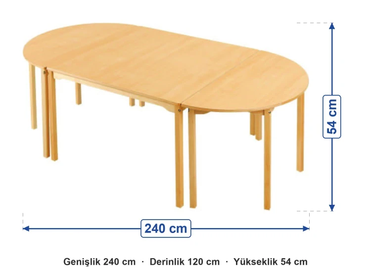 Naturel Ahşap Masa Grubu 240x120x54 cm ölçüleri: genişlik 240 cm, derinlik 120 cm, yükseklik 54 cm