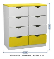 8 Çekmeceli Sarı Beyaz Öğrenci Dolabı ölçüleri: genişlik 70 cm, derinlik 35 cm, yükseklik 76 cm
