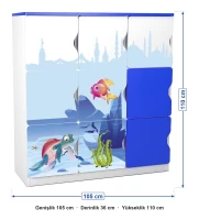 9 Kapaklı UV Baskılı Deniz Temalı Öğrenci Dolabı ölçüleri: genişlik 105 cm, derinlik 36 cm, yükseklik 110 cm