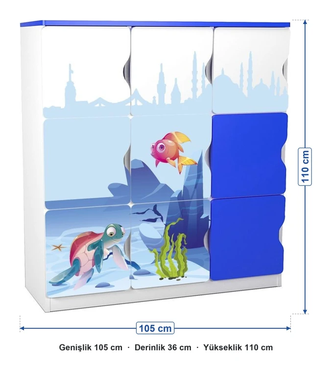 9 Kapaklı UV Baskılı Deniz Temalı Öğrenci Dolabı ölçüleri: genişlik 105 cm, derinlik 36 cm, yükseklik 110 cm
