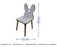 Ahşap Torna Ayaklı Tavşan Figürlü Çocuk Sandalyesi ölçüleri: genişlik 31 cm, derinlik 34 cm, yükseklik 58 cm, oturma 31 cm (yaklaşık)