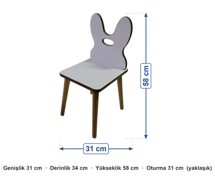 Ahşap Torna Ayaklı Tavşan Figürlü Çocuk Sandalyesi ölçüleri: genişlik 31 cm, derinlik 34 cm, yükseklik 58 cm, oturma 31 cm (yaklaşık)