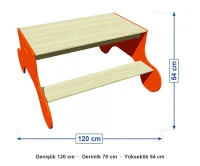 Banklı Piknik Masası 120x70 cm ölçüleri: genişlik 120 cm, derinlik 70 cm, yükseklik 54 cm