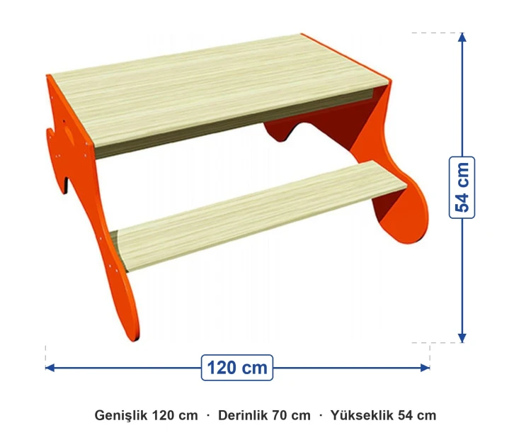 Banklı Piknik Masası 120x70 cm ölçüleri: genişlik 120 cm, derinlik 70 cm, yükseklik 54 cm