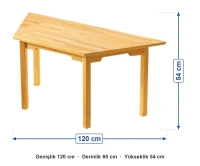 Naturel Ahşap Paralelkenar Masa 120x60x54 cm ölçüleri: genişlik 120 cm, derinlik 60 cm, yükseklik 54 cm