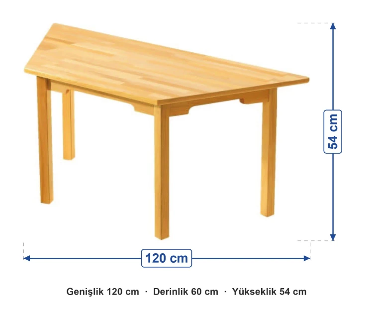 Naturel Ahşap Paralelkenar Masa 120x60x54 cm ölçüleri: genişlik 120 cm, derinlik 60 cm, yükseklik 54 cm