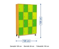 Kilitli 16 Kapaklı Metal Ayaklı Dolap 120x36x135 cm ölçüleri: genişlik 120 cm, derinlik 36 cm, yükseklik 135 cm