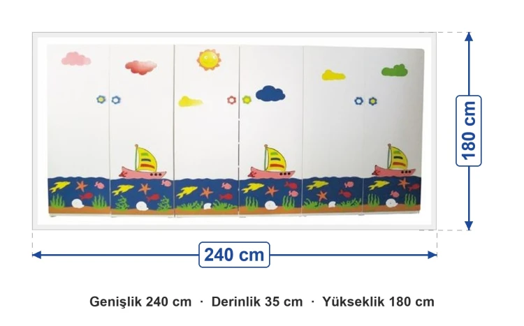 Yelkenli ve Deniz Figürlü Portmanto 240x35x180 cm ölçüleri: genişlik 240 cm, derinlik 35 cm, yükseklik 180 cm