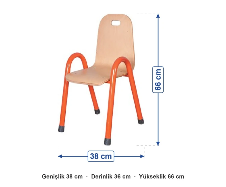 Metal Kollu İstiflenebilir Çocuk Sandalyesi ölçüleri: genişlik 38 cm, derinlik 36 cm, yükseklik 66 cm