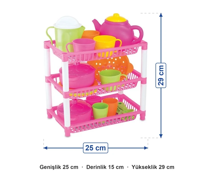 3'lü Oyuncak Mutfak Sepeti ölçüleri: genişlik 25 cm, derinlik 15 cm, yükseklik 29 cm