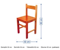 Kırmızı Turuncu Ahşap Sandalye 30x30x32 cm ölçüleri: genişlik 32 cm, derinlik 34 cm, yükseklik 62 cm, oturma 32 cm (yaklaşık)
