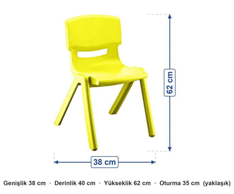 Plastik Anaokulu Sandalyesi 35 cm Sarı ölçüleri: genişlik 38 cm, derinlik 40 cm, yükseklik 62 cm, oturma 35 cm (yaklaşık)