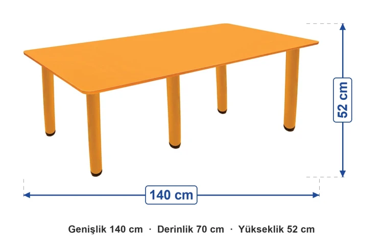 Ahşap 70X140 Turuncu Yemek Masası Metal Ayaklı ölçüleri: genişlik 140 cm, derinlik 70 cm, yükseklik 52 cm