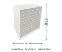 Anaokulu 10 Gözlü Fon Karton Dolabı ölçüleri: genişlik 73 cm, derinlik 52 cm, yükseklik 90 cm