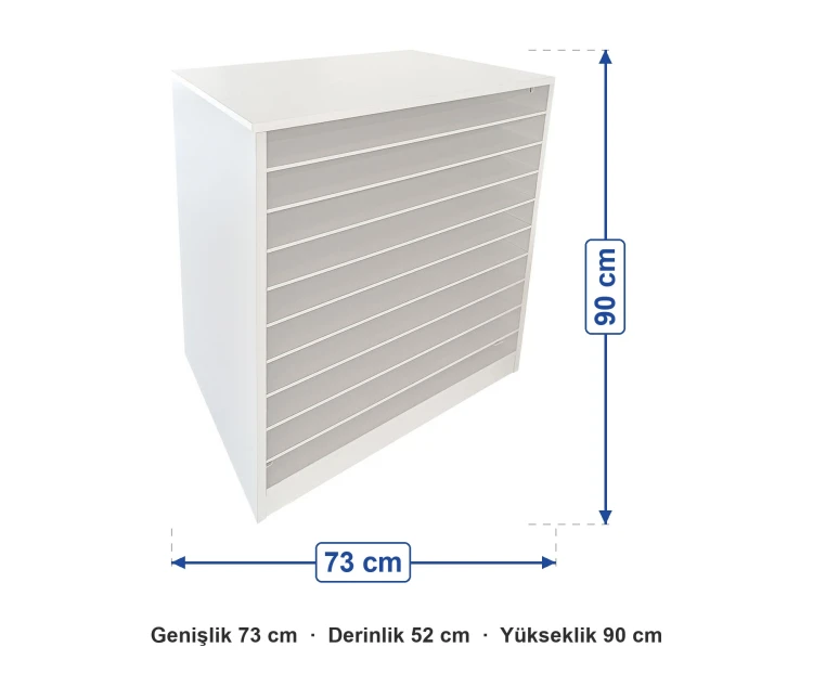 Anaokulu 10 Gözlü Fon Karton Dolabı ölçüleri: genişlik 73 cm, derinlik 52 cm, yükseklik 90 cm