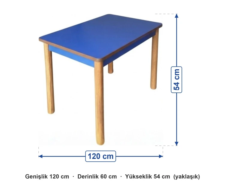 60x120 cm Anaokulu Mavi Bazalı Masa ölçüleri: genişlik 120 cm, derinlik 60 cm, yükseklik 54 cm (yaklaşık)
