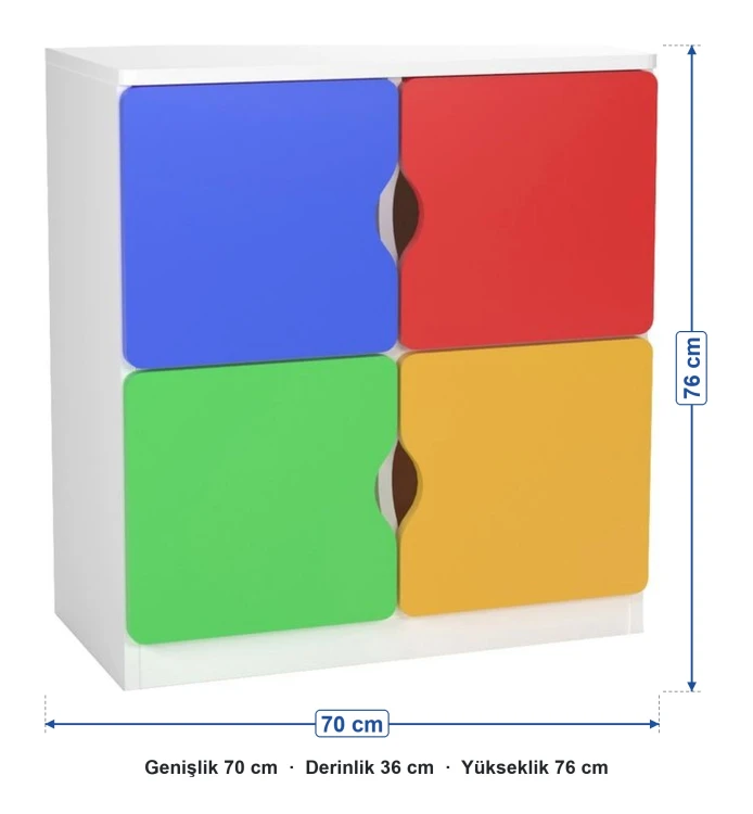 4 kapaklı renkli anaokulu öğrenci malzeme dolabı ölçüleri: genişlik 70 cm, derinlik 36 cm, yükseklik 76 cm