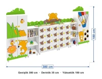 Ayıcık figürlü dolap seti ölçüleri: genişlik 380 cm, derinlik 35 cm, yükseklik 180 cm