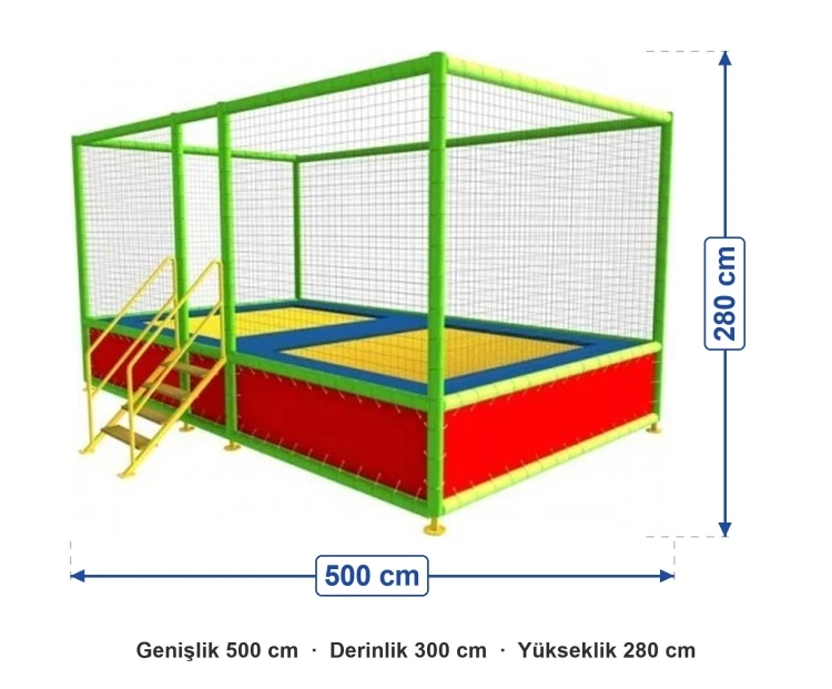 Olimpik Trambolin İkili 500x300x280 cm ölçüleri: genişlik 500 cm, derinlik 300 cm, yükseklik 280 cm