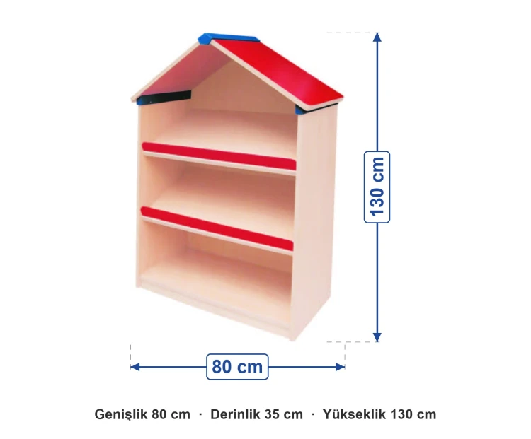 Kırmızı Çatılı Ev Kitaplık 80x35x130 cm ölçüleri: genişlik 80 cm, derinlik 35 cm, yükseklik 130 cm
