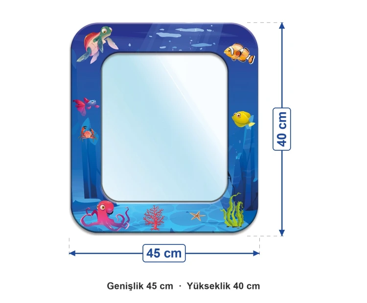 Anaokulu Deniz Desenli Lavabo Ayna ölçüleri: genişlik 45 cm, yükseklik 40 cm