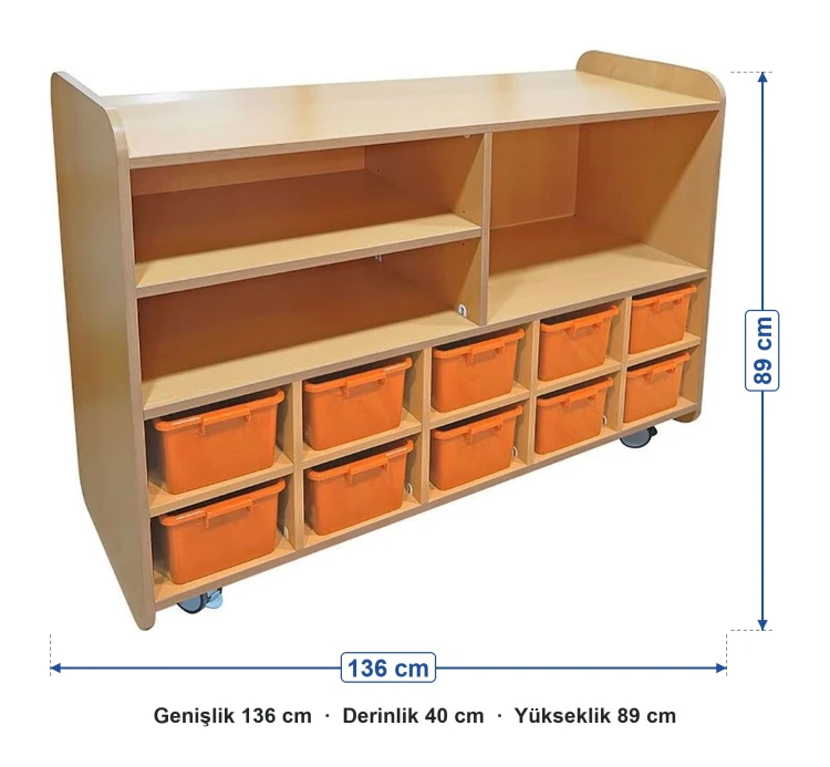 10 gözlü ve 3 raflı portfolyo dolabı kayın ölçüleri: genişlik 136 cm, derinlik 40 cm, yükseklik 89 cm